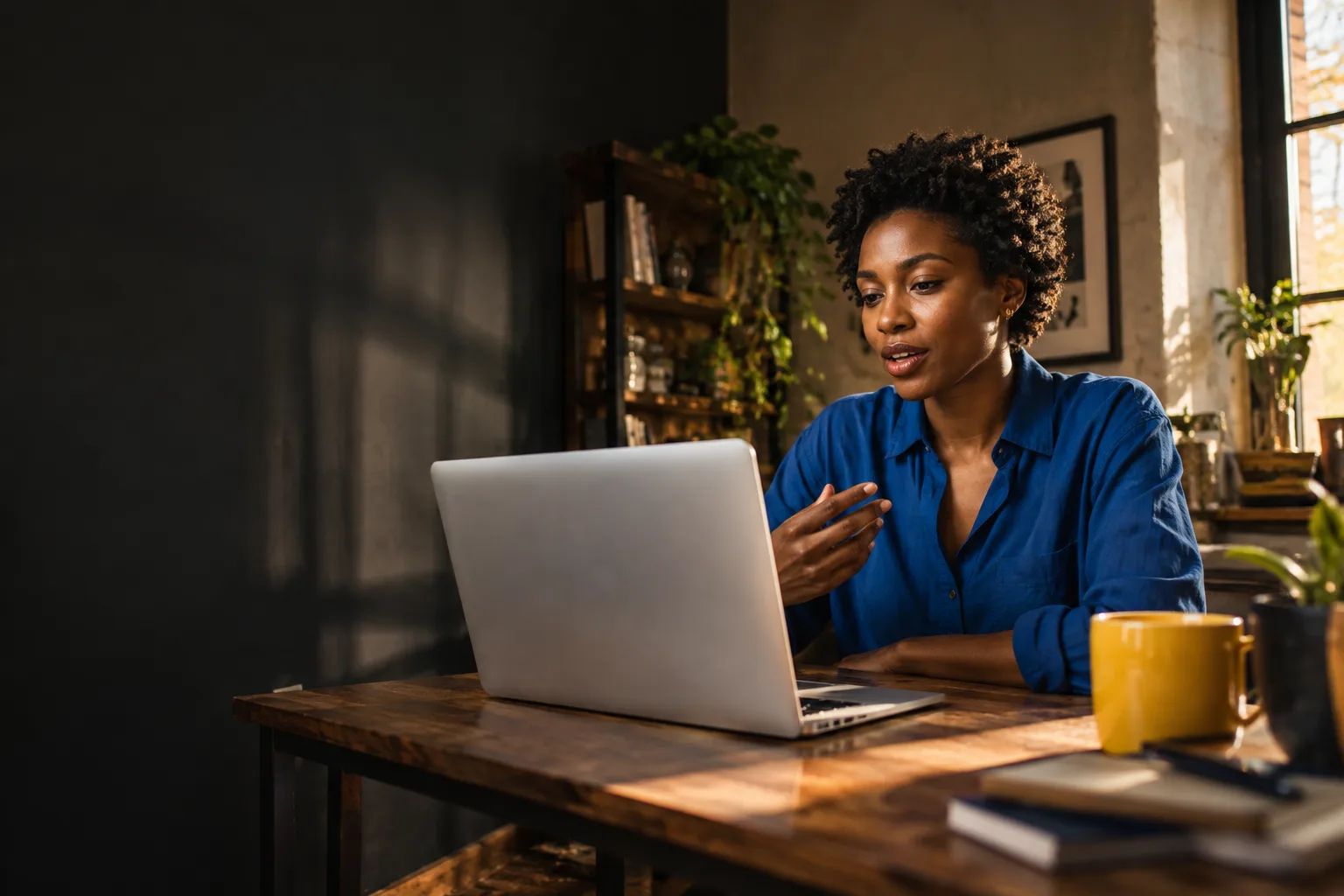 A woman sharing an idea aloud at her laptop in a sunlit workspace.